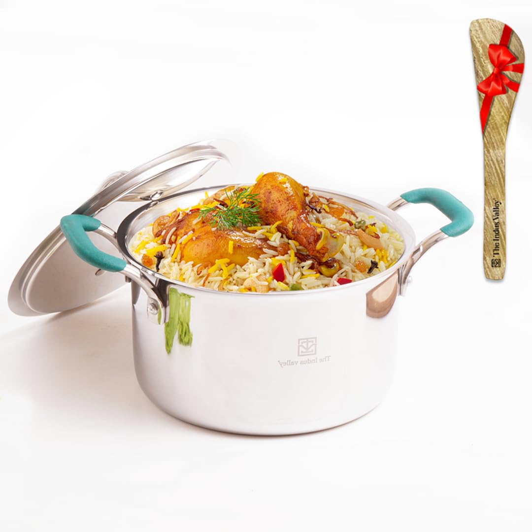 The Indus Valley Triply Stainless Steel Stock Pot/Biryani Pot/Handi/Dutch Oven With Free Wooden Spatula|Medium,21.6Cm/8.5 Inch,2.9Liter,1.4Kg|Induction Friendly|Non-Stick 3-Layer Body