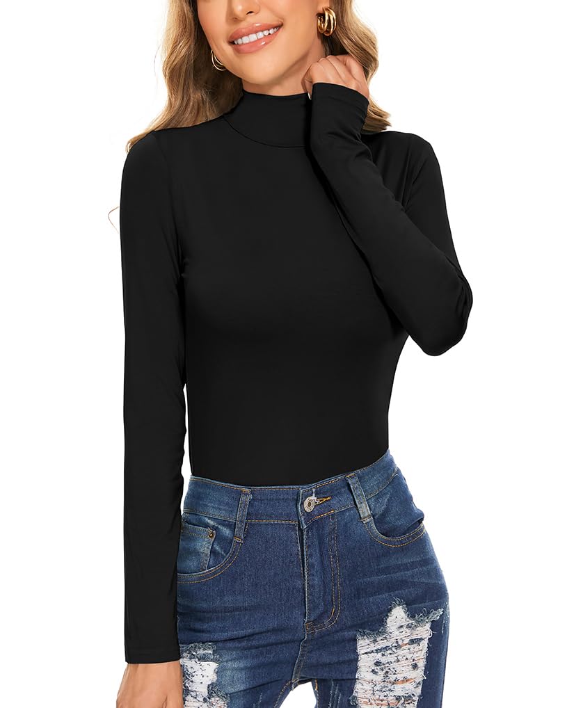 Women's Long Sleeve Mock Turtleneck Tops Casual Slim Fitted Lightweight Under Layer Pullover Shirts