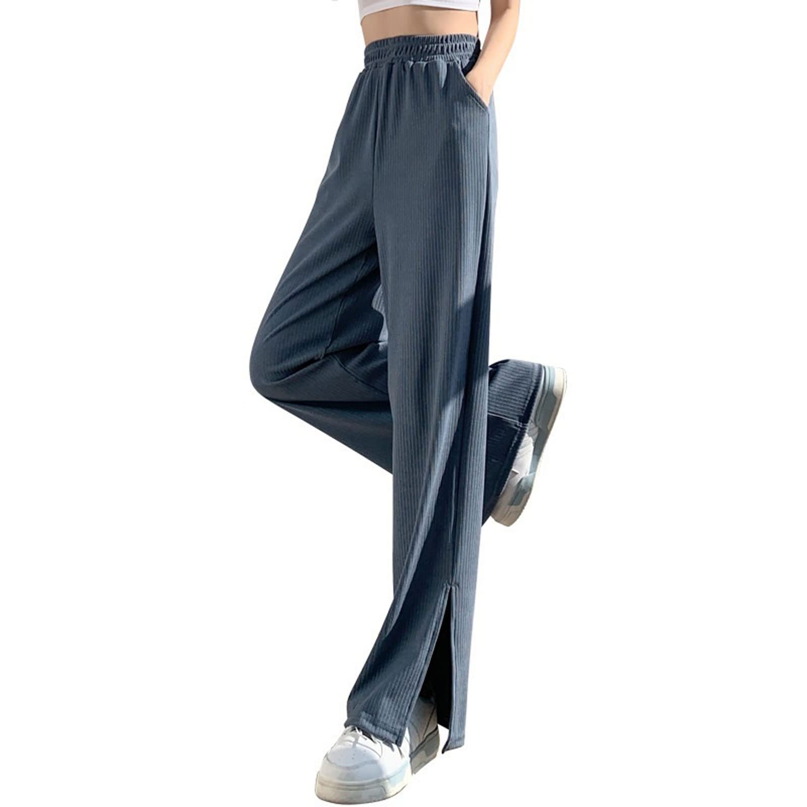 HRTLSSHRTLSS Women's Pants سروال عريض الساق مع فتح الساق مفتوحة للنساء في الربيع والصيف عالي الخصر فضفاضة ورقيقة غير رسمية مستقيمة (Size : L)