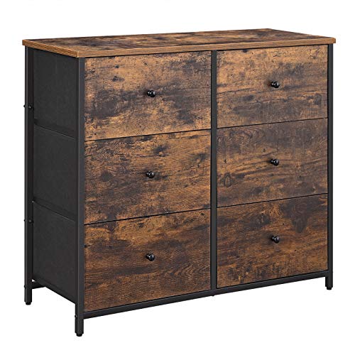 SONGMICSDresser for Bedroom, Chest of Drawers, 6 Drawer Dresser, Closet Fabric Dresser with Metal Frame, Wooden Top and Front, Brown and Black ULGS23H