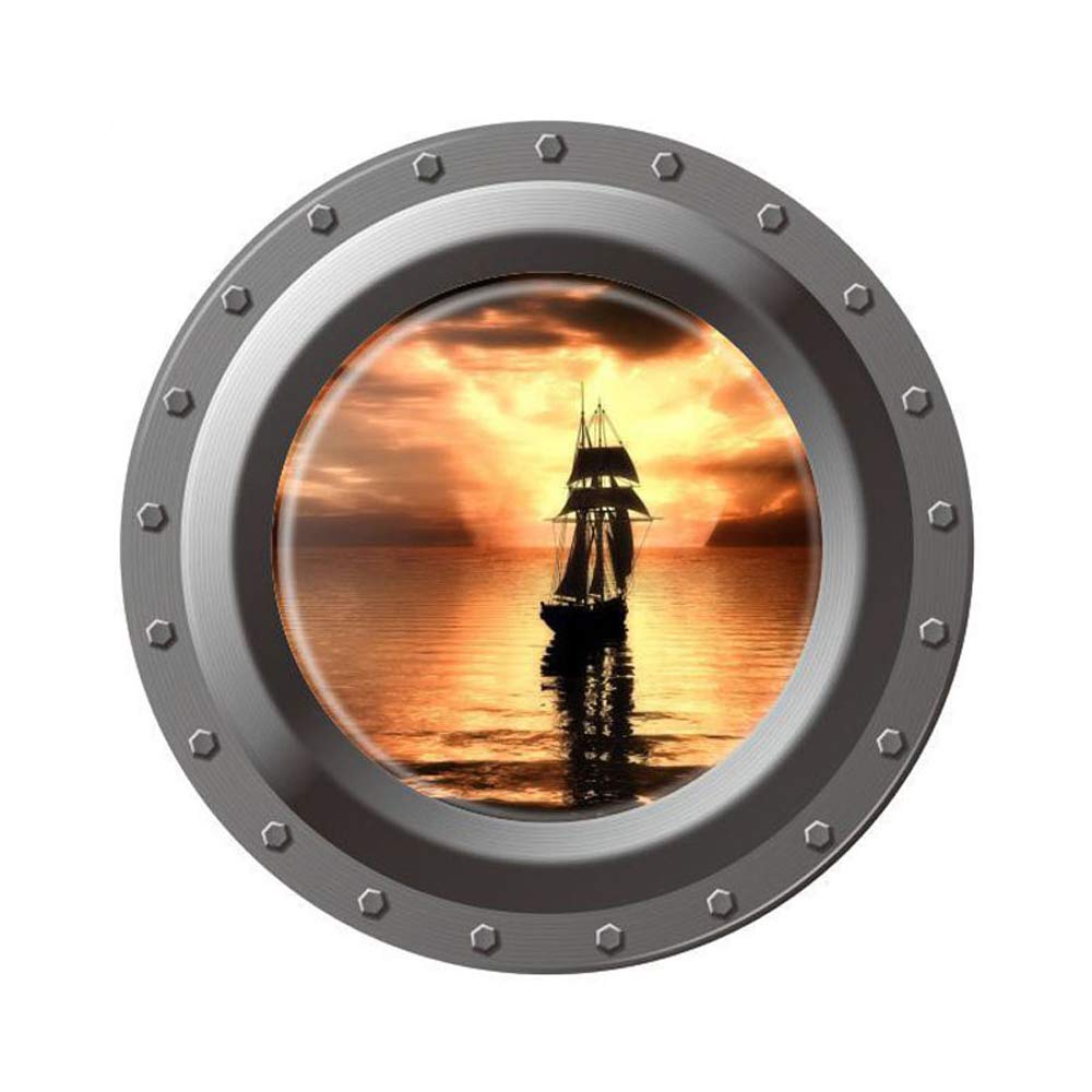 Homefind 17" w x 17" h 3D High Definition Faux Submarine Porthole View Ship on the Sea in the Morning Wall Stickers Removable Vinyl Murals Decals Kids Room Bedroom Nursery Wall Decoration