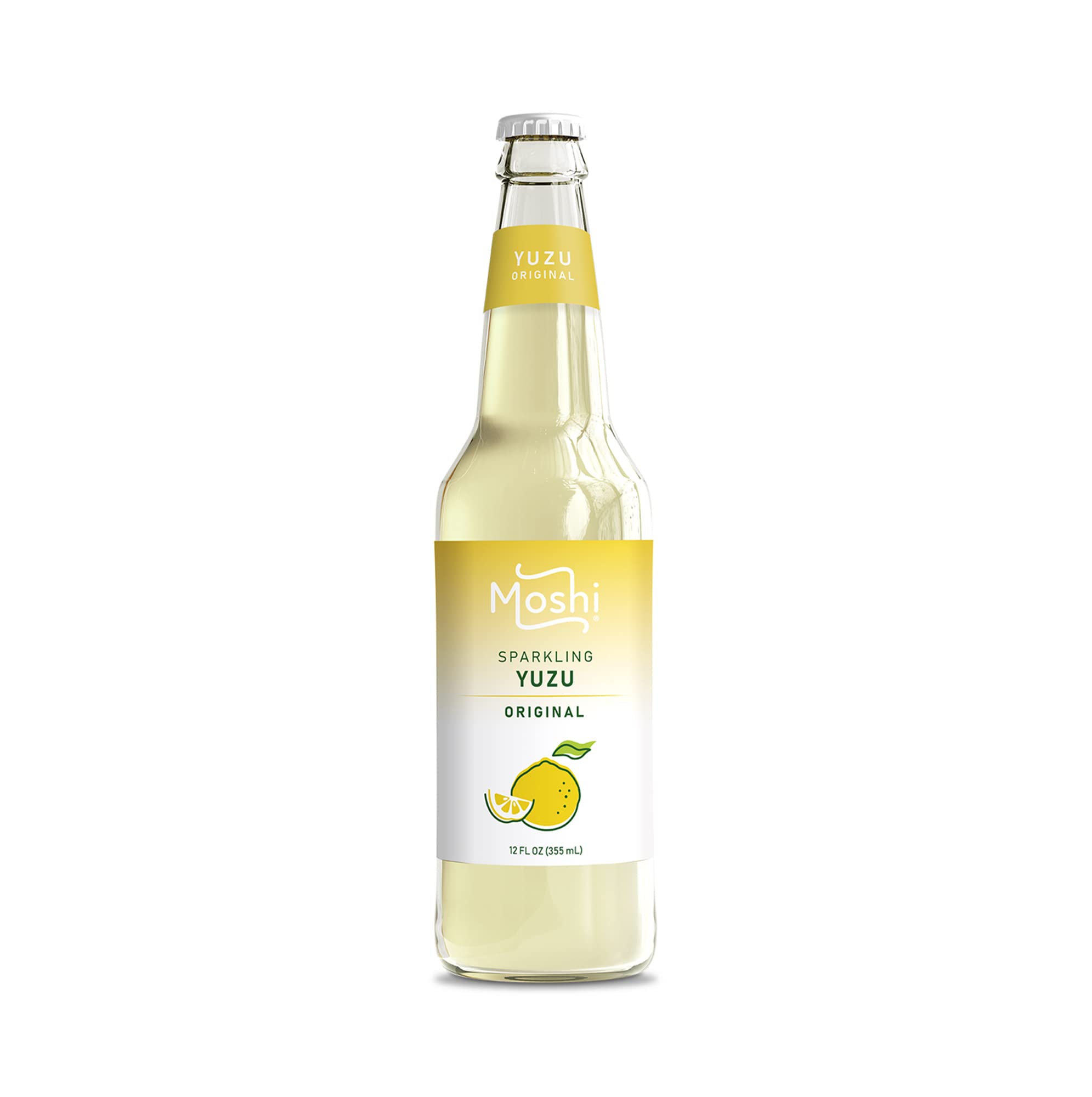 Moshi Yuzu Sparkling Drink, Aromatic and Zesty, Made with 100% Yuzu juice, All-Natural, Vegan, Gluten-free, No Artificial Preservatives/Coloring - 12 oz (6 Glass Bottles) - Original