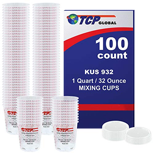 quart mixing cup lids - (Full Case of 100 each - Quart (32oz) PAINT MIXING CUPS) by Custom Shop - Cups are Calibrated with Multiple Mixing Ratios (1-1) (2-1) (3-1) (4-1) (8-1) BOX of 100 Cups includes 12 bonus Lids Epoxy Resin