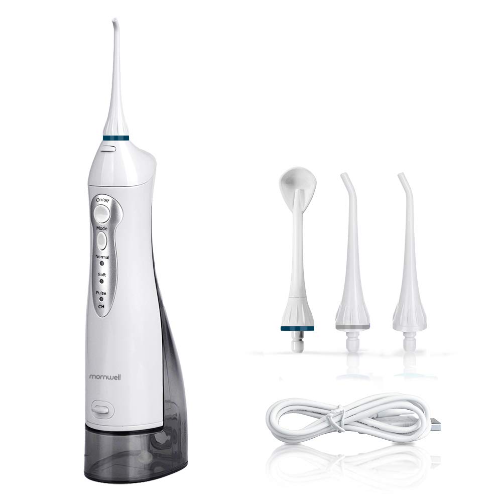 Mornwell Cordless Water Flosser with 300ML Capacity, USB Rechargeable Dental Flosser, IPX7 Waterproof 3 Modes & 3 Jet Tips and 1 Tongue Scraper for Teeth/Braces/Bridges Care