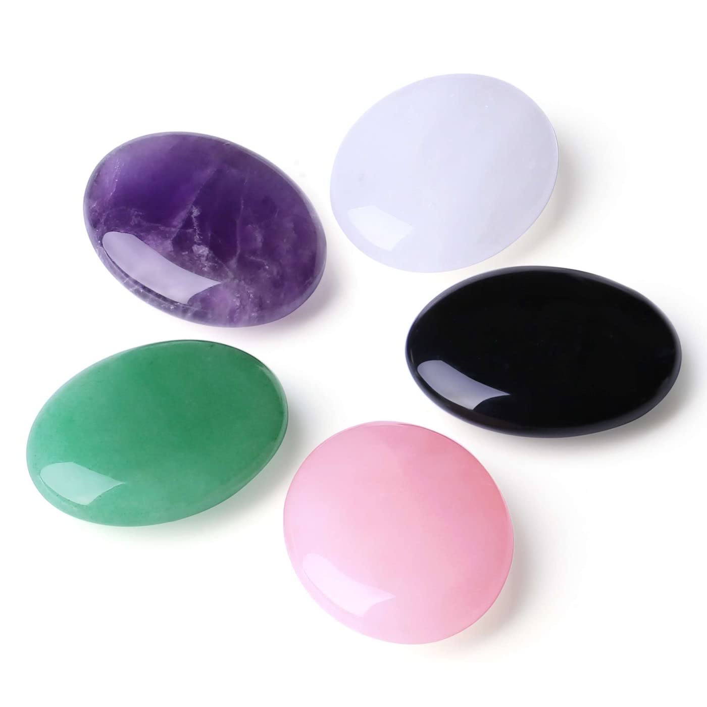 LAIDANLA 5Pcs Healing Crystals Palm Stone Set Rose Quartz Amethyst Obsidian Clear Quartz Green Aventurine Oval Power Crystal Polished Natural Stones Pocket Gemstone for Meditation Stress Relief