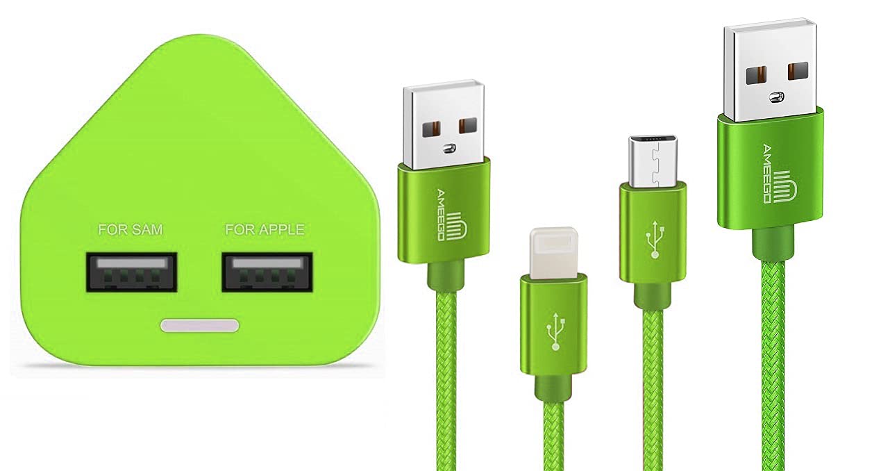 CE Approved USB Charger Smart IC UK Plug With Lead Compatible's For S6 S7 Edge S5 J4 plus A10 A7 A6 2018, P8 Lite 2017/P9 Lite/P10 Lite/P Smart Plus 2019/Honor 10 Lite+IPhones' IOS  (Green/Lead)