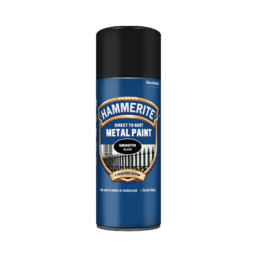 HammeriteSpray Paint for Metal. Direct to Rust Exterior Black Metal Paint, Smooth Finish. Corrosion Resistant Black Gloss Paint and Rust Remover, 8 Year Protection - 400ml Aerosol 0.5 SqM Coverage​