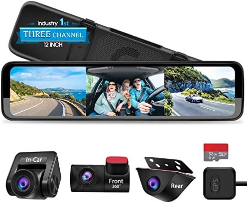 PORMIDO Triple Mirror Dash Cam 12" with Detached Front and in-Car Camera,Waterproof Backup Rear View Dashcam Anti Glare 1296P IPS Touch Screen with Sony Sensor,Starvis Night Vision,GPS,Parking Assist