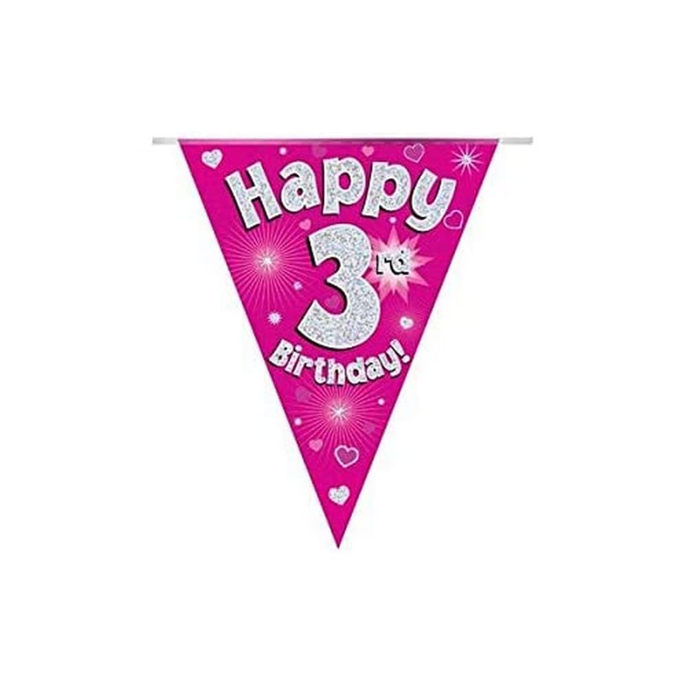 Party Bunting Happy 3rd Birthday Pink Holographic 11 flags 3.9m