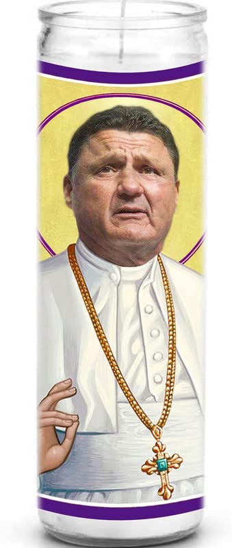 Celebrity Prayer Candles Ed Orgeron LSU Tigers - Funny Saint Candle - 8 inch Glass Prayer Votive - 100% Handmade in USA - Novelty Celebrity Football Gift