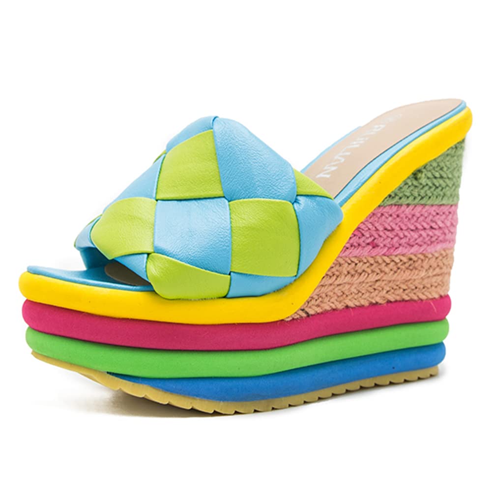 mikarka Colorful Espadrille Wedge Sandals for women, Peep Toe Slip On Platform Slides Sandals Summer Beach Stacked High Heels