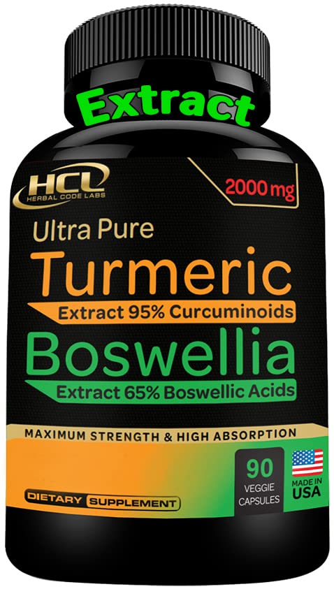 Turmeric Boswellia Extract Supplement 2000 mg – Strong Natural Joint Support Pills – Extra Strength Boswellia Serrata with Turmeric Curcumin Powder 90 Capsules