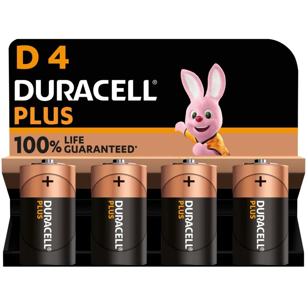 DuracellPlus D Batteries (4 Pack) - Alkaline 1.5V - 100% Life Guaranteed - Reliability For Everyday Devices - 0% Plastic Packaging - 10 Year Storage - LR20 MN1300