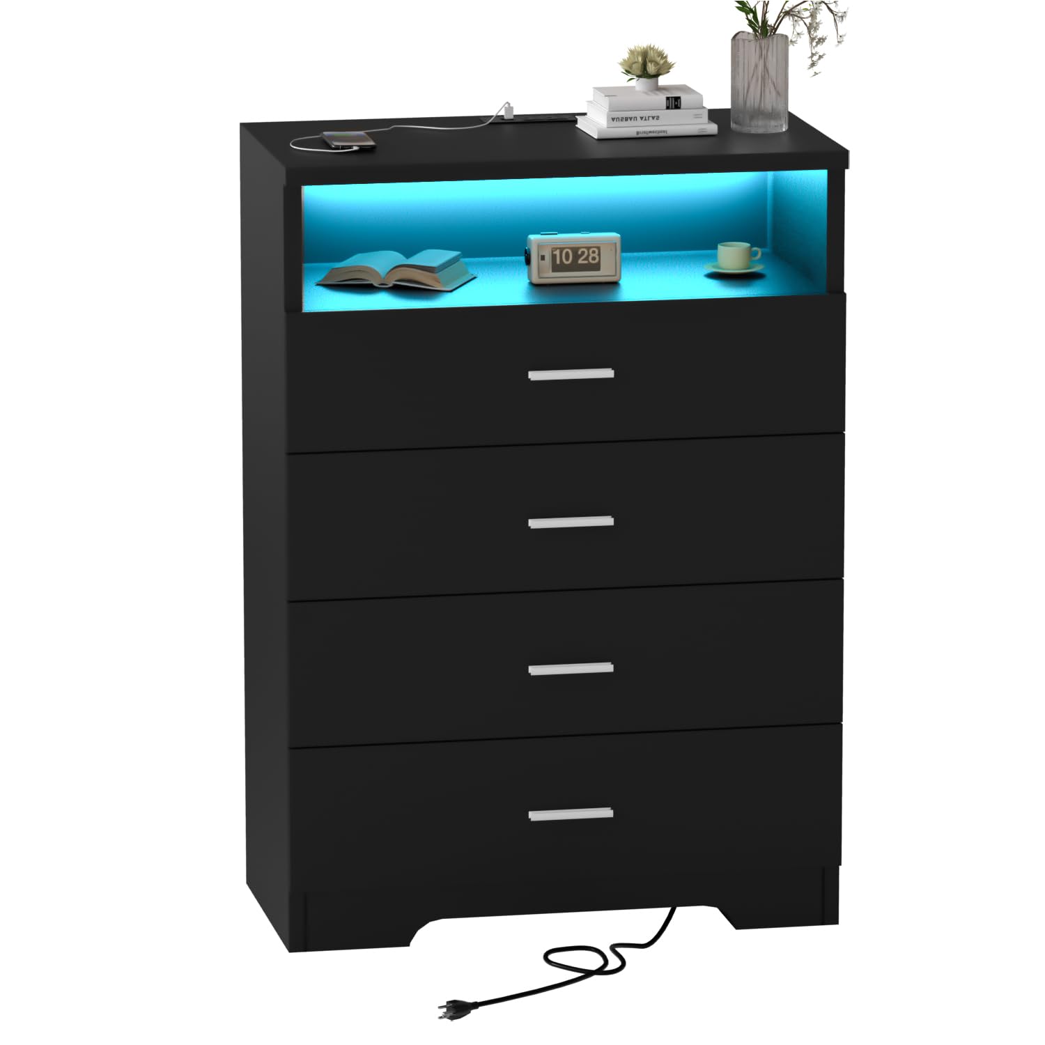 Dresser with Power Outlets and LED Lights Wooden 4 Drawer Dresser with Large Organizer Tall Black Dresser for Bedroom Chest of Drawers Closet Modern Dresser for Living Room Kids Room