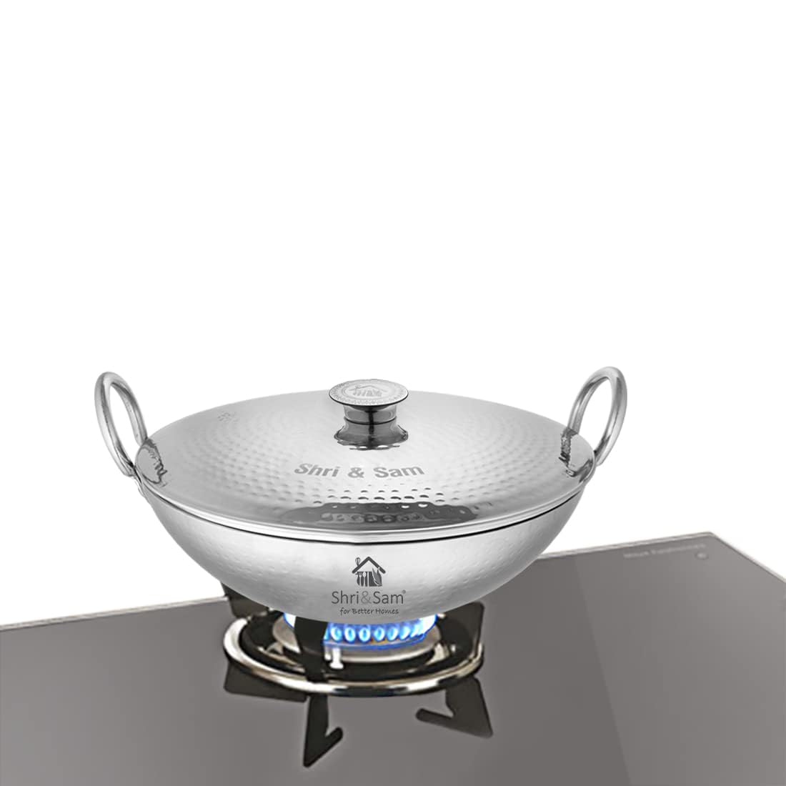 Stainless Steel Heavy Weight Hammered Kadhai with Lid, 2.5 mm,16 cm, 0.9 Kg, 0.8 Litre