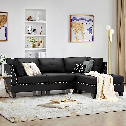 Esright88.6” Convertible Sectional Sofa Couch with Ottoman, Modern Tufted Linen Fabric L-Shaped Couch with Reversible Chaise, Suitable for Office,Living Room and Hotel Lobby, Black