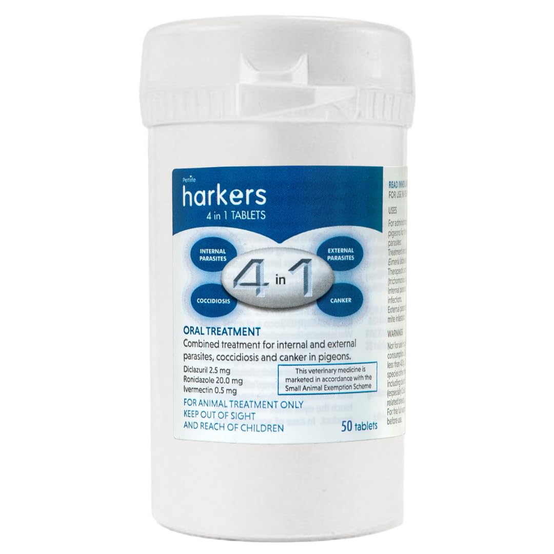 Harkers 4 in 1 Tablets Oral Treatment For Parasites, Coccidiosis And Canker In Pigeons- 50 Tablets