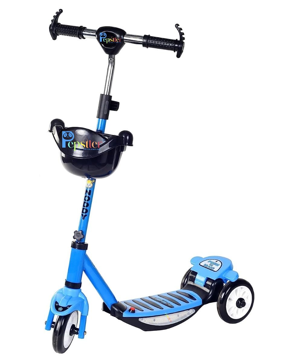 PEPSTTER® Noddy Deluxe Three Wheel Scooter with Light Music & Basket for Kids | Adjustable Height Kids Scooter (Blue)