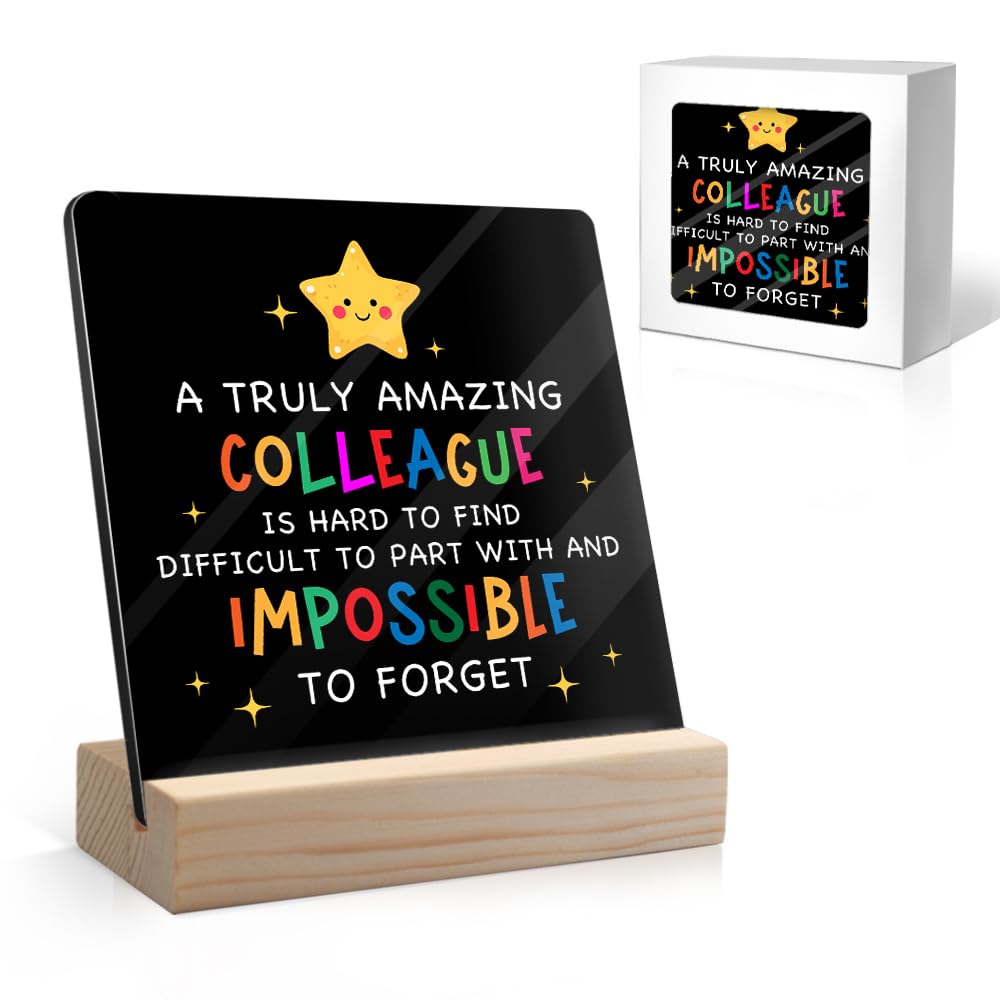 Juoqg A Truly Amazing Colleague Is Hard to Find Acrylic Sign with Wooden Stand, Leaving Retirement Gift for Colleague, New Job Gift for Coworker, Office Exchange Gift, Thank You Gift for Work Bestie