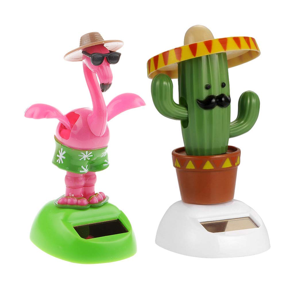 KODORIA 2pcs Solar Powered Car Toy Animal Solar Powered Dancing Dolls Dancing Cactus Crane Home Car Ornament Kids Toys Gifts