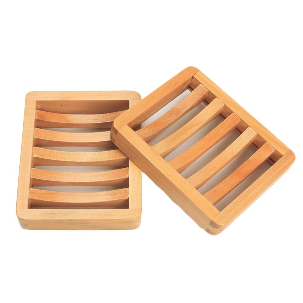 2 Piece Natural Style Bathroom Waterproof Wooden Dish Soap Case Holder, Rectangular, Sink Deck Bathtub Shower Dish,Hand Craft for Sponges, Scrubber