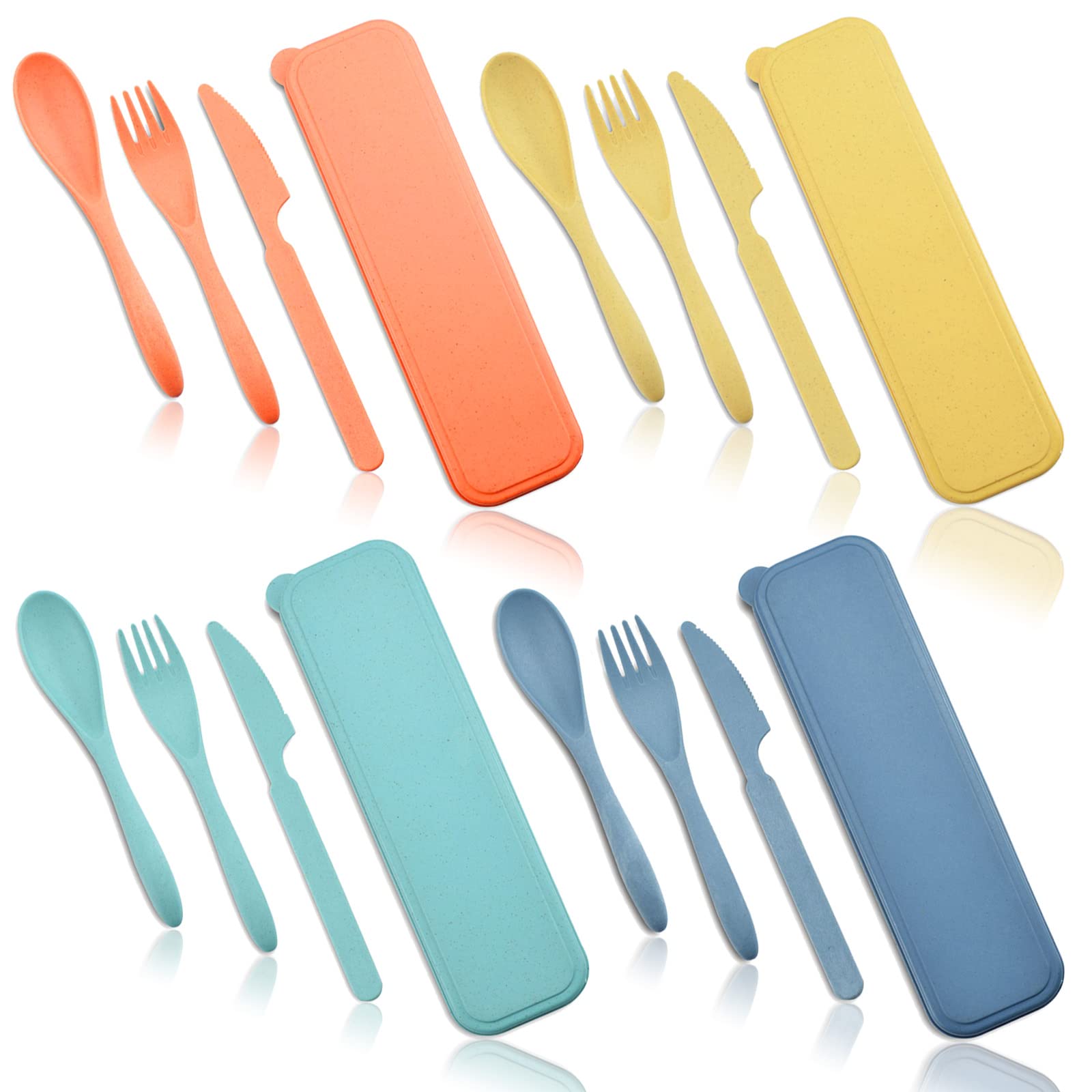 4 PCS Wheat Straw Cutlery, 3 Sets Portable Cutlery Set Reusable Spoon Fork Chopsticks Tableware Set for Picnics Daily Use(4 Colors, With Storage Box)