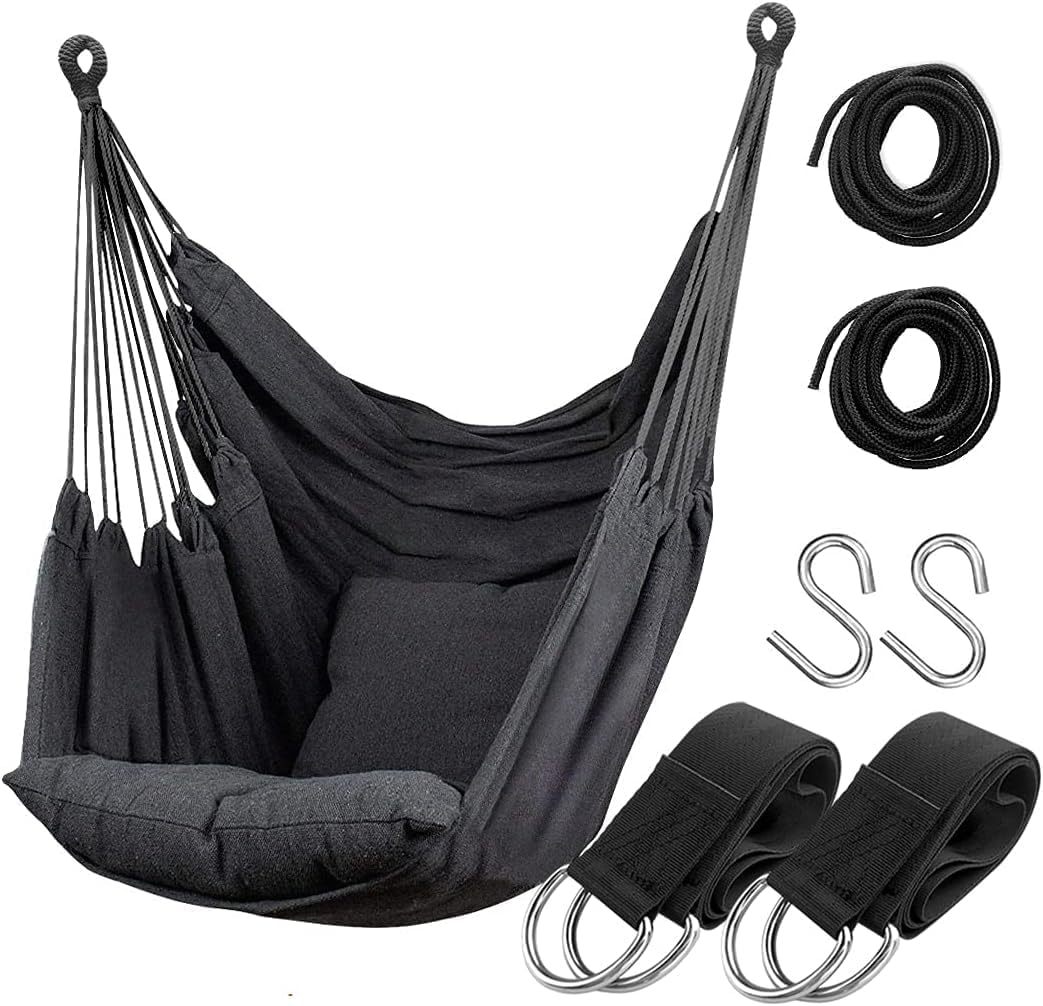 Hammock Chair Hanging Rope Swing Seat for Indoor Outdoor, Sturdy Cotton Weave Hammock Swing, Max 200Kg Hanging Hammock Chair for Bedroom Patio Porch (Gery)