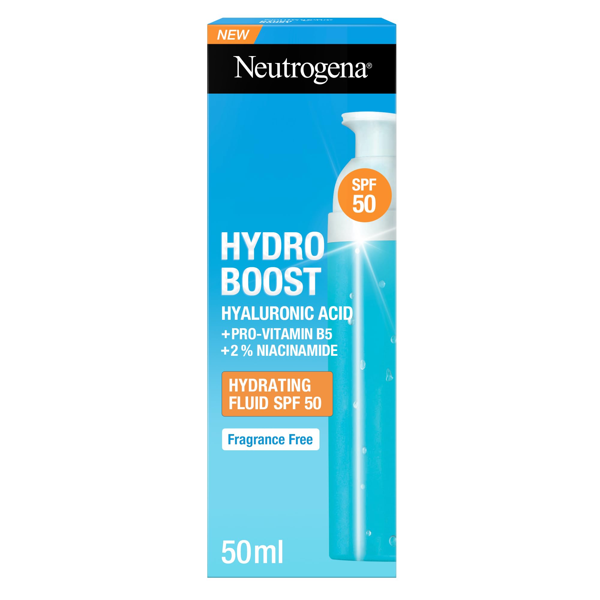 Neutrogena Hydro Boost Hydrating Sun Fluid SPF 50, Lightweight, Non-Sticky, with Hyaluronic Acid, Pro-Vitamin B5 and 2% Niacinamide, 50ml