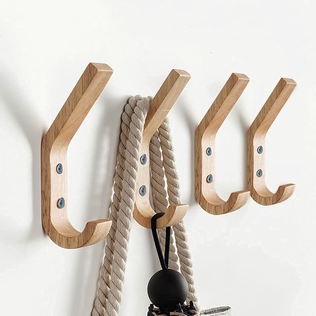 Watbeyoz FOMIDI Wooden Hooks Wall Mounted, Coat Hooks Vintage Single Wood Wall Hooks Organizer Heavy Duty for Coats Hat, Key, Cap, Bag, Scarf, Cup Hanging 4 Pack Oak