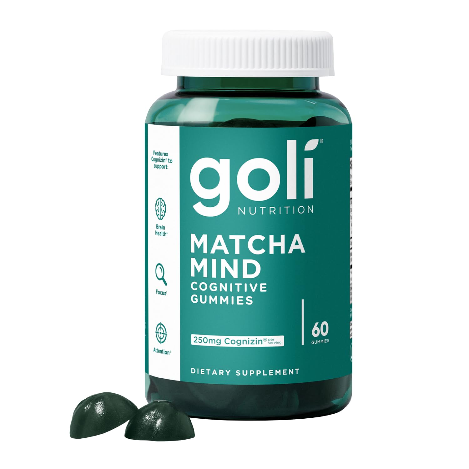 Goli Matcha Mind Gummies - 60 Count - Green Tea Leaves Powder with Cognizin for Focus, Attention and Brain Health, Vegan, Non-GMO, Gluten-Free & Gelatin Free.