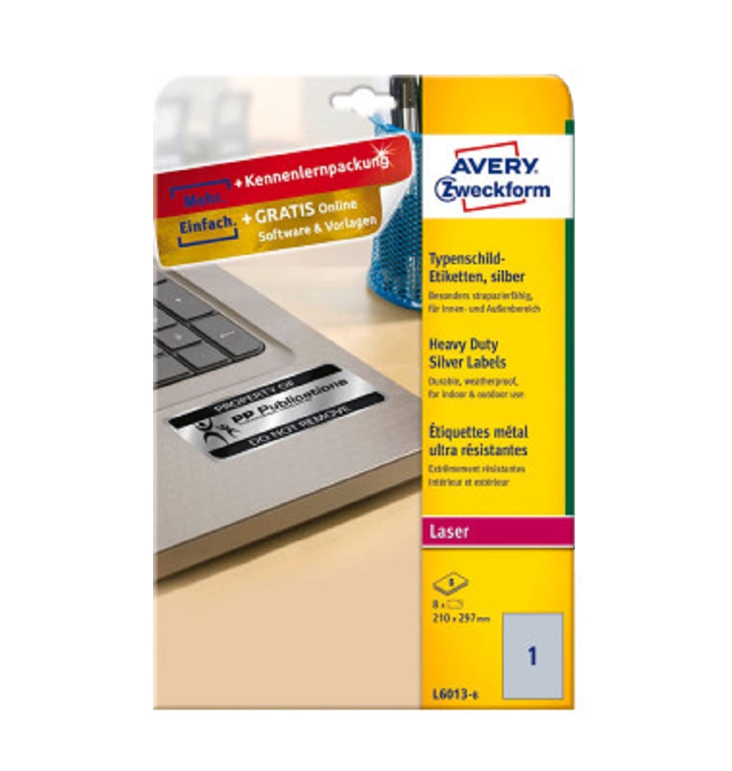 AVERY Zweckform L6013-8 Typenschild Folienetiketten (8 Aufkleber, 210x297mm auf A4, extrem stark selbstklebend, strapazierfähig, wetterfest, bedruckbare Klebefolie, blanko) 8 Blatt, silber