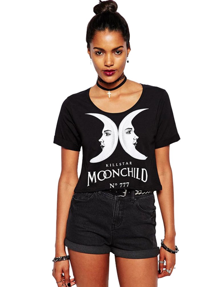 WuLun Women's Casual Punk Wind Double Dark Moon Letter Print Crop Cotton T-Shirt