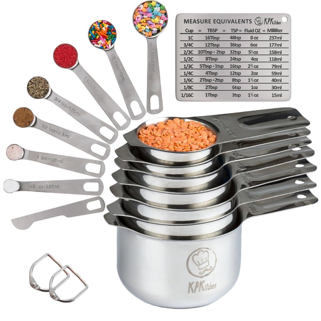 Stainless Steel Measuring Cups and Spoons Set of 16-7 Cup & 7 Spoon + Conversion Chart & Leveler - Kitchen Measuring Spoons and Cups - Dry Measure Cups Stainless Steel & Baking Metal Measuring Cups