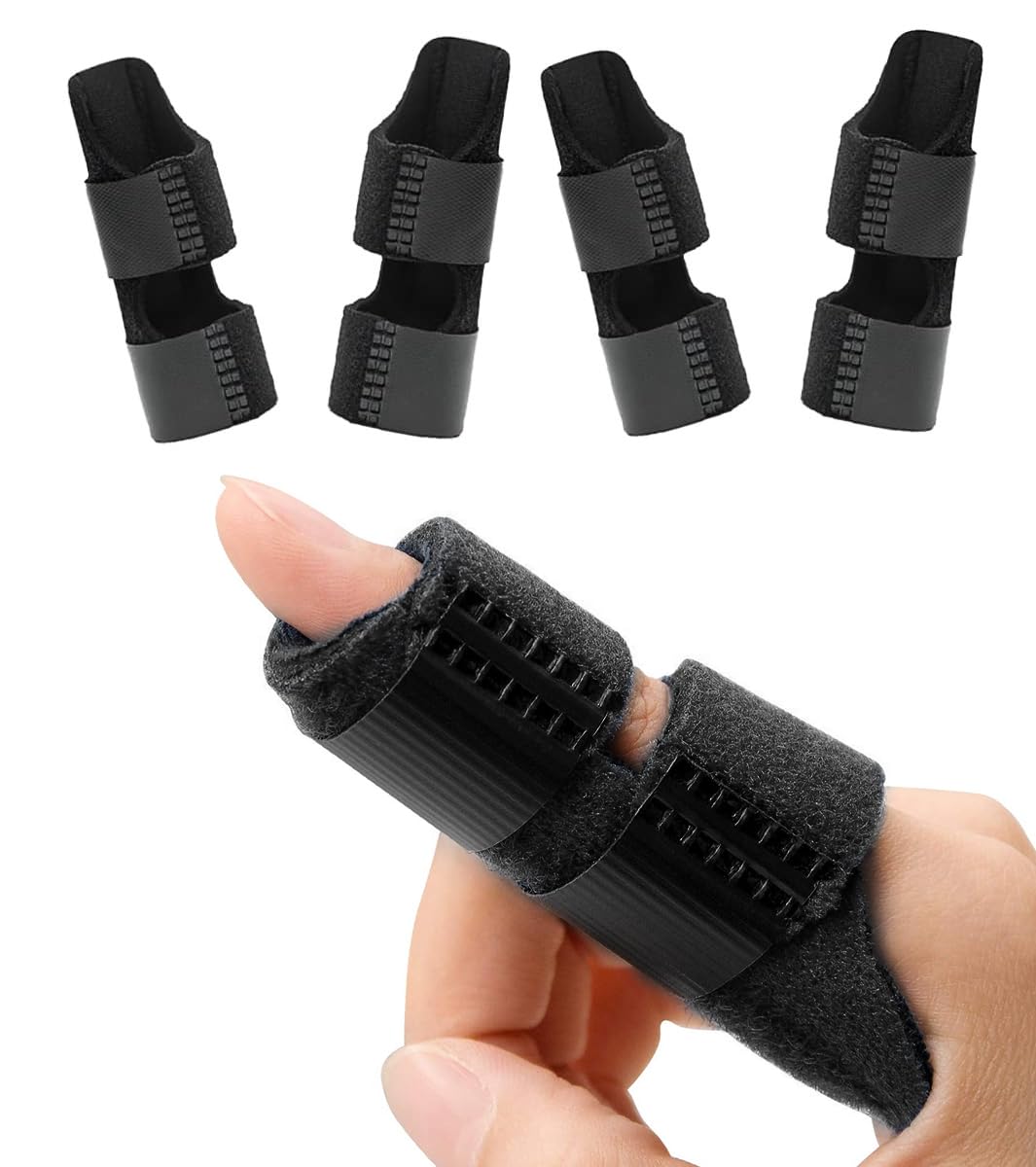 ECVV 4PCS Adjustable Finger Splint for Pain Relief, Trigger Finger Splint Finger Brace Fits Middle, Index, and Ring Finger, Left or Right Hand, Black