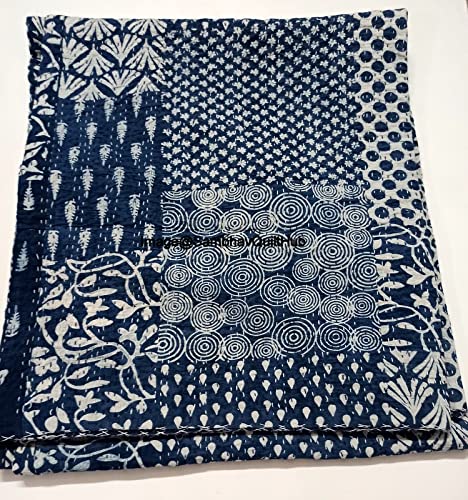 Sambhav Quilt Hub Blue Indigo Print Cotton Handmade Handblock Quilted Blanket Indian Cotton Indigo Print Bedspread Kantha Work Bohemian Bed Decor Block Throw Blanket Twin/King/Queen (90X108 inches)