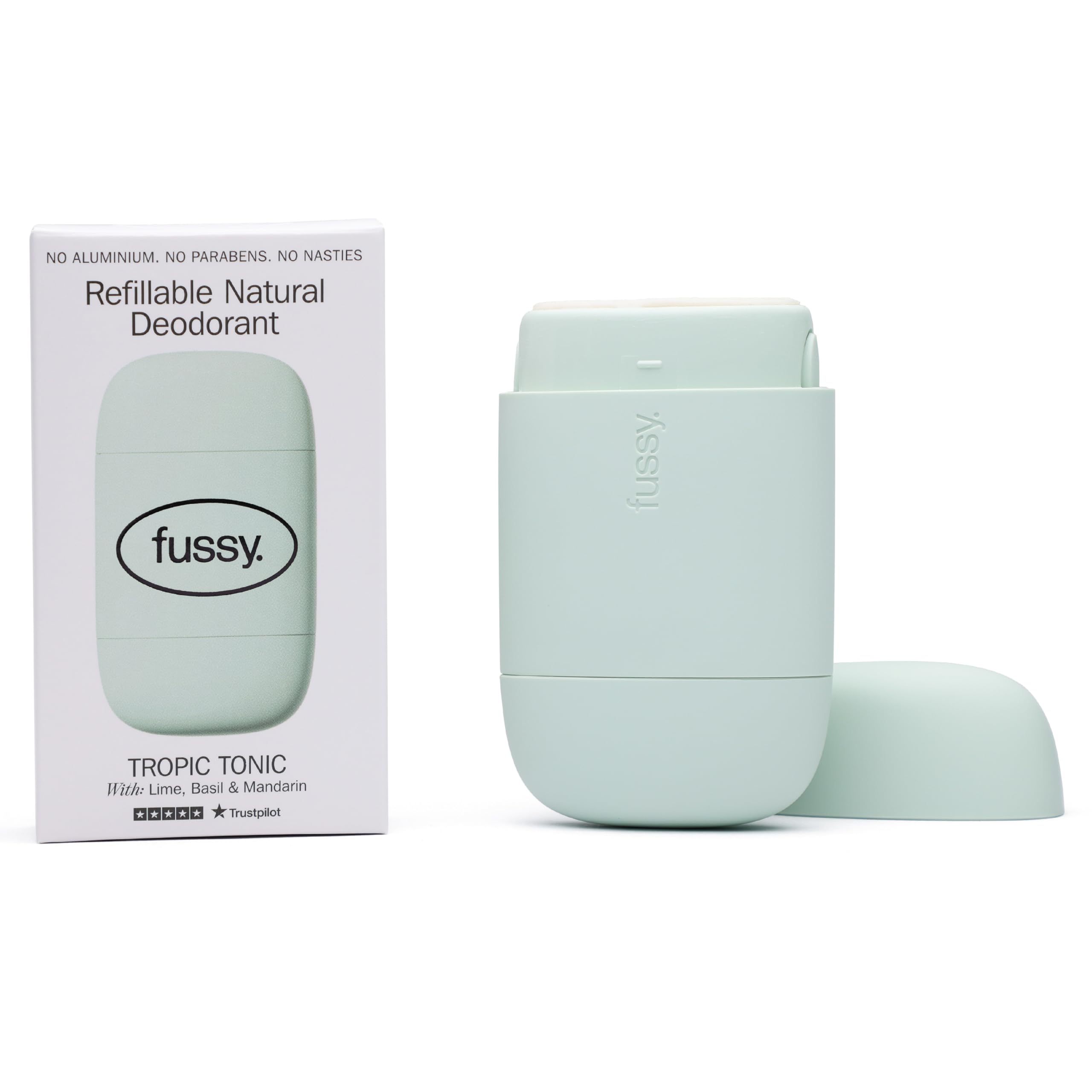 Fussy - Natural Refillable Deodorant - Aluminium Free - 24 Hour Protection - Lime Scent and Mint Green Case - Lime, Basil & Mandarin - Vegan & Cruelty Free - 100% Natural & Effective