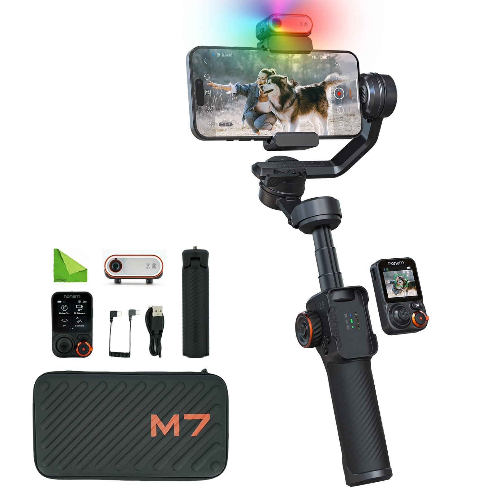 hohemiSteady M7 Gimbal Stabilizer for iPhone,Phone Gimbal/Smartphone Gimbal w/AI Tracking,Detachable Touchscreen Remote,Extension Pole,Magnetic Fill Light for Video Recording - Hohem M6 Kit Upgrade