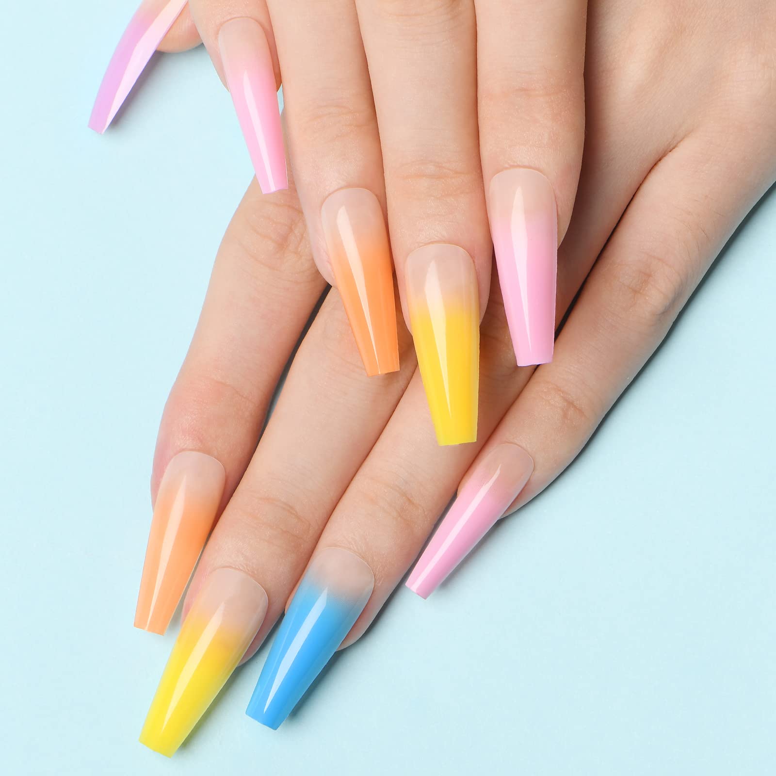 Press On Nails, AZUREBEAUTY 24 Pcs False Nails Glossy Clear Rainbow Ombre Ballerina Coffin Long Fake Nails Set, DIY Nail Art Manicure Kit with Adhesive Tabs and Pro Nail Glue for Acrylic Nail Tips