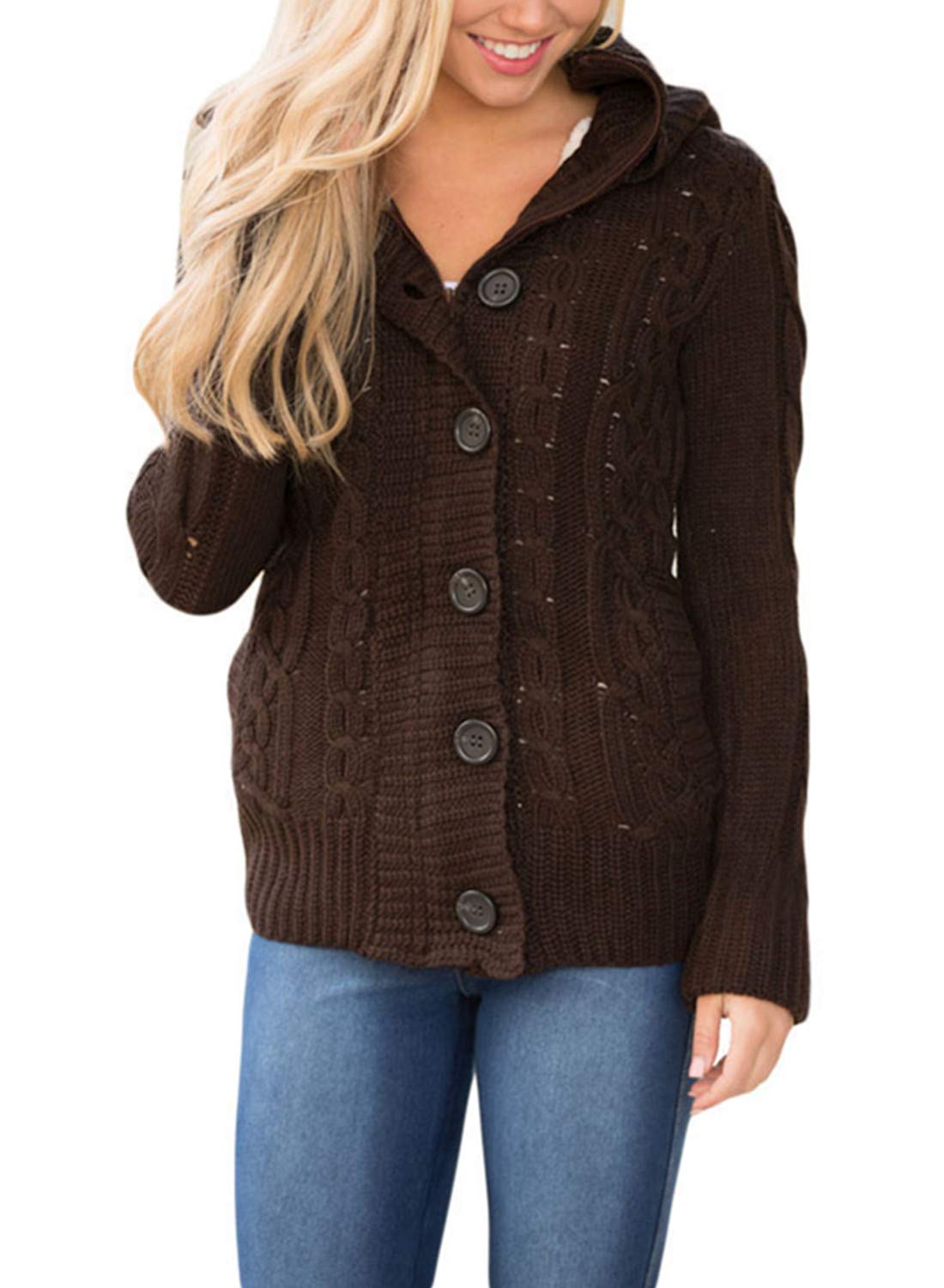 GOSOPINWomens Winter Warm Cable Knitted Outwear Button-up Hooded Cardigans Fleece Sweater Jackets Coat S-XXL