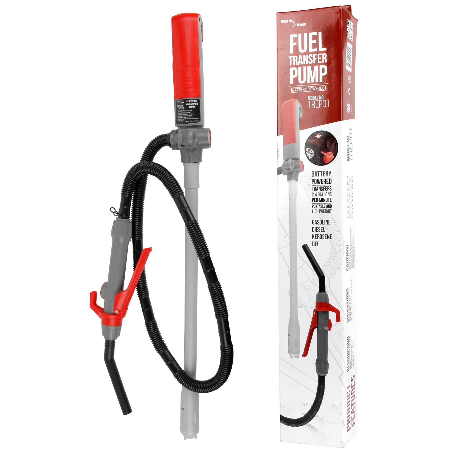 TERA PUMP Portable Battery Powered Multipurpose Gas Transfer Pump (2.5 GAL/MIN) Liquid Transfer Pump with Quick Stop Nozzle for Gas, Diesel, DEF