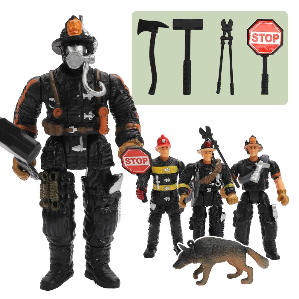 ViiKONDO Action Figure Army Men Toy Soldier Military Playset 1/18 Scale 4pcs US Firefighter 3.75inch Figurine Firemen Accessory Patrol Dog Wargame Boy Gift