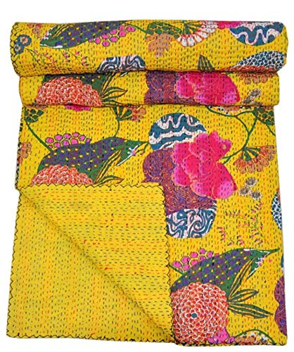 Fashion Hub Textile Work Creations Cotton Handmade Jaipuri Twin Size Kantha Quilt (90 X 108 Inches, Yellow)