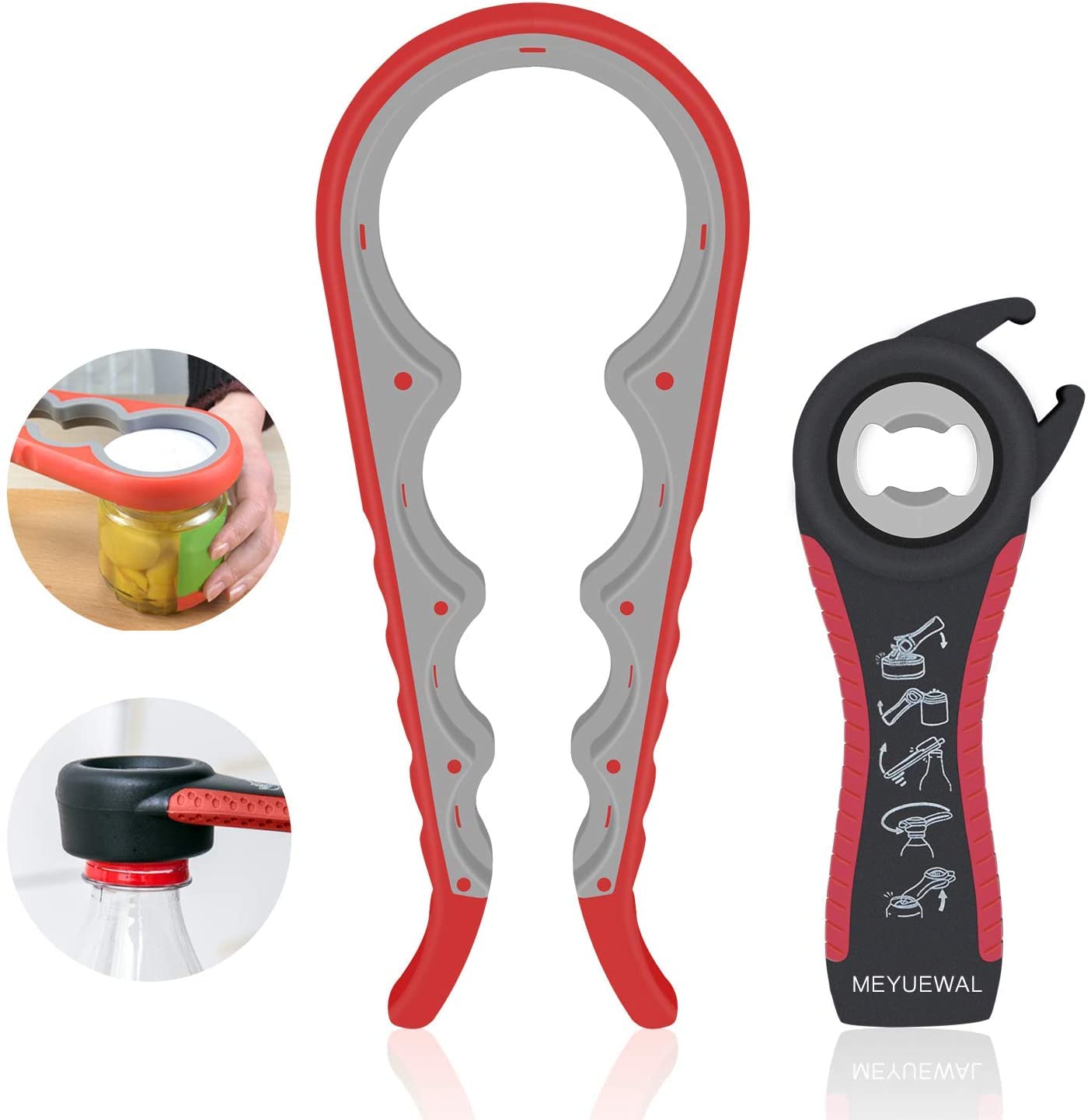 MEYUEWALEasy Jar Bottle Opener Kit, 5in1 and 4in1 Multi Jar Openers, Simple to Use for Children, Elderly and Arthritis Sufferers,Silicone Hand Gripper Aid (Red)