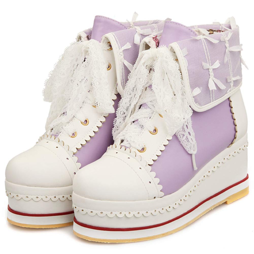 SaraIris Women's Cute Platform Boots, Lace-up Cosplay Brogue Sneakers Wedges Ankle Boots, Purple, 10