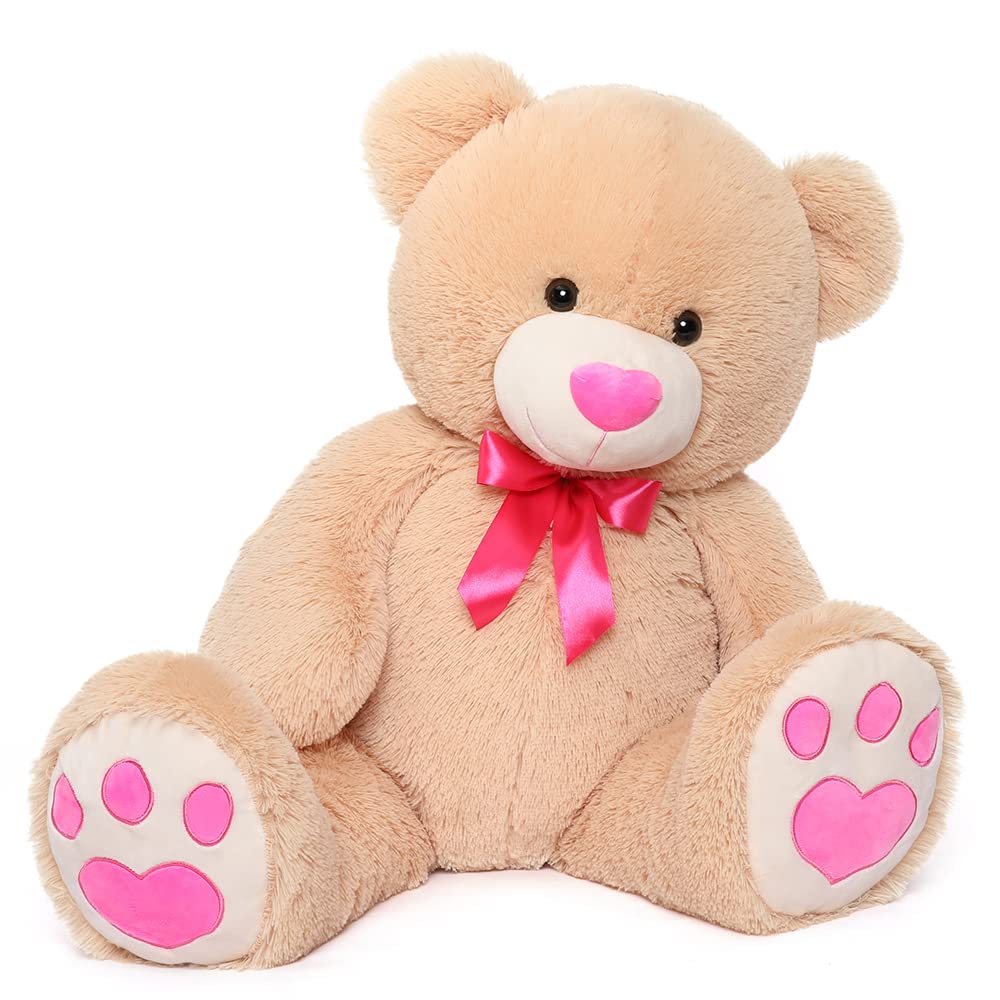 Tezituor Big Teddy Bear Stuffed Animal, Giant Teddy Bear with Pink Love for Girlfriend Boyfriend Kid, Large Stuffed Bear Plush for Valentines Day/Birthday/Baby Shower, 36 inches Tan