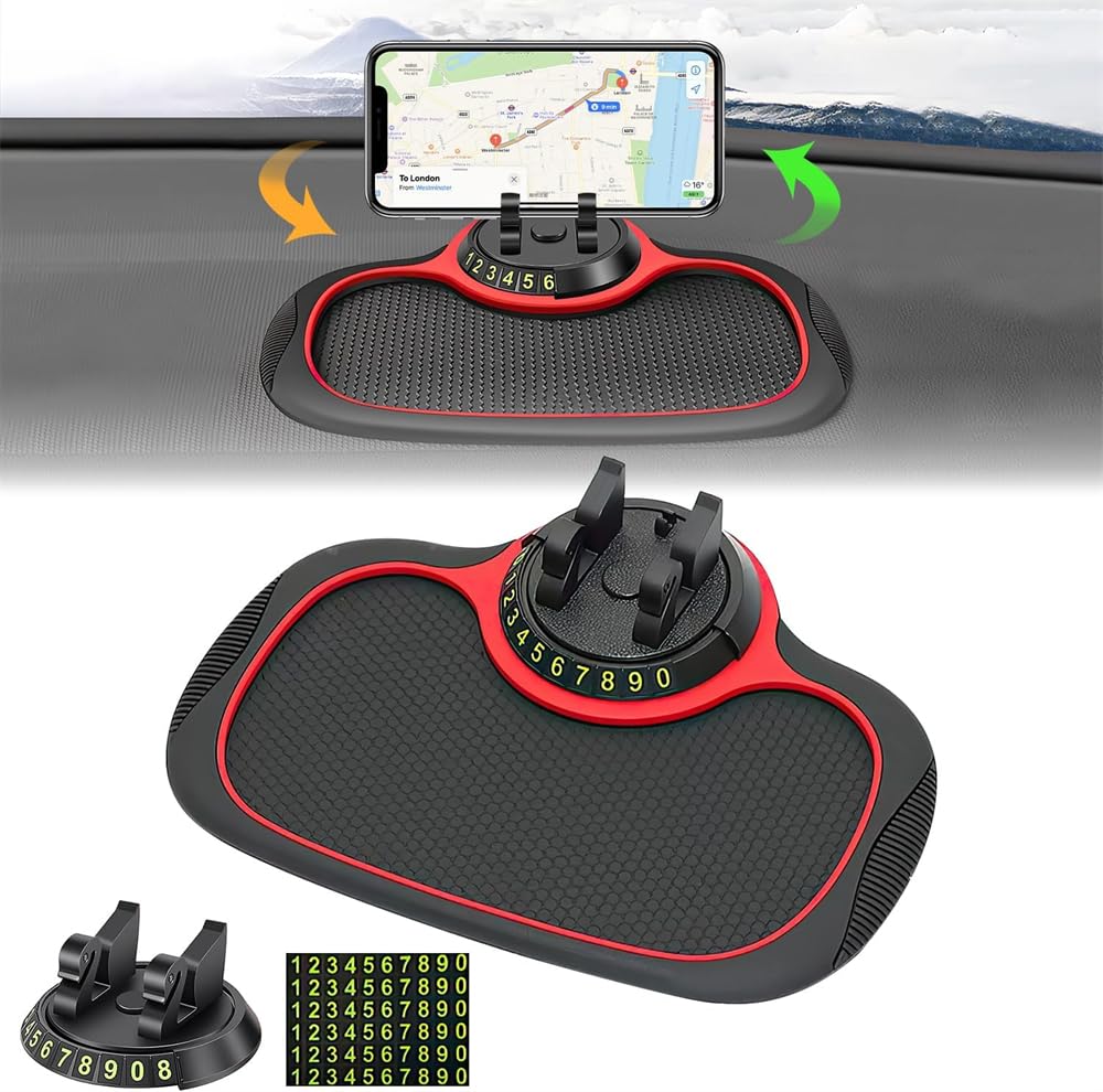 Multifunction Car Anti-Slip Mat Auto Phone Holder, Rotatable Anti Skid Car Dashboard Pad with Temporary Parking Numbe, Universal Phone Holder With Extra Large Pad for Phones Sunglasses Keys Gadgets