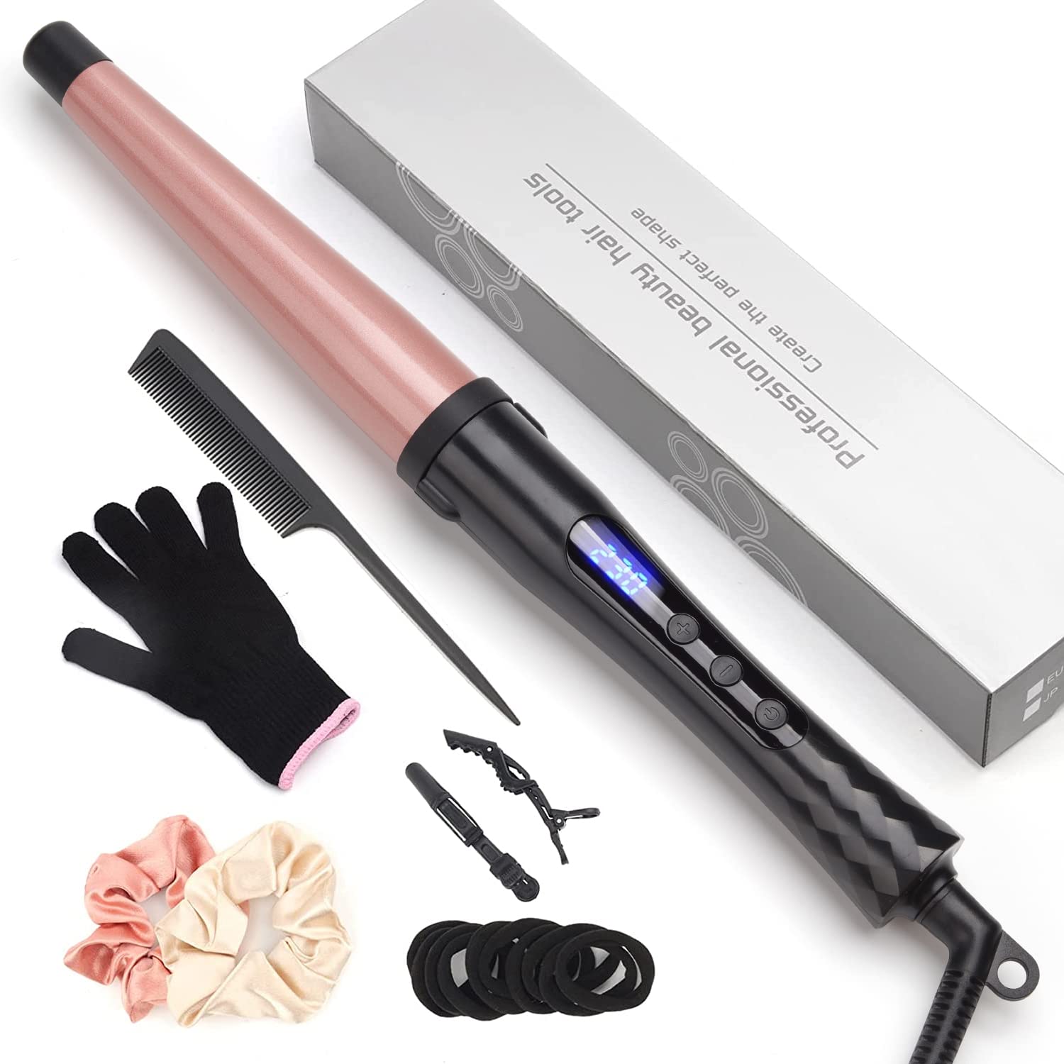 Hair Curling Wand, 19-32MM Tapered Curling Iron, Professional Ceramic Hair Curler Wand with Heat-Resistant Glove, Dual Voltage