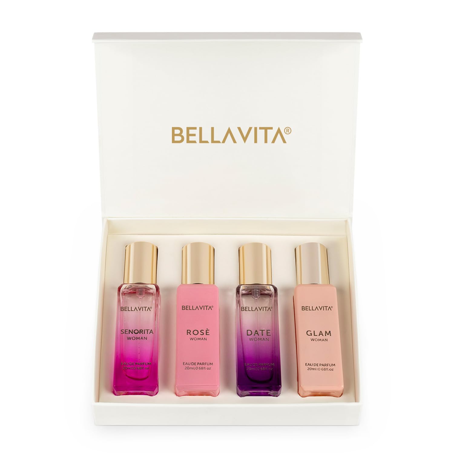 Bella Vita Organic Bella Vita Luxury Woman Eau De Parfum Gift Set 4x20 ml for Women with Date, Senorita, Glam, Rose Perfume|Floral, Fruity Long Lasting EDP Fragrance Scent