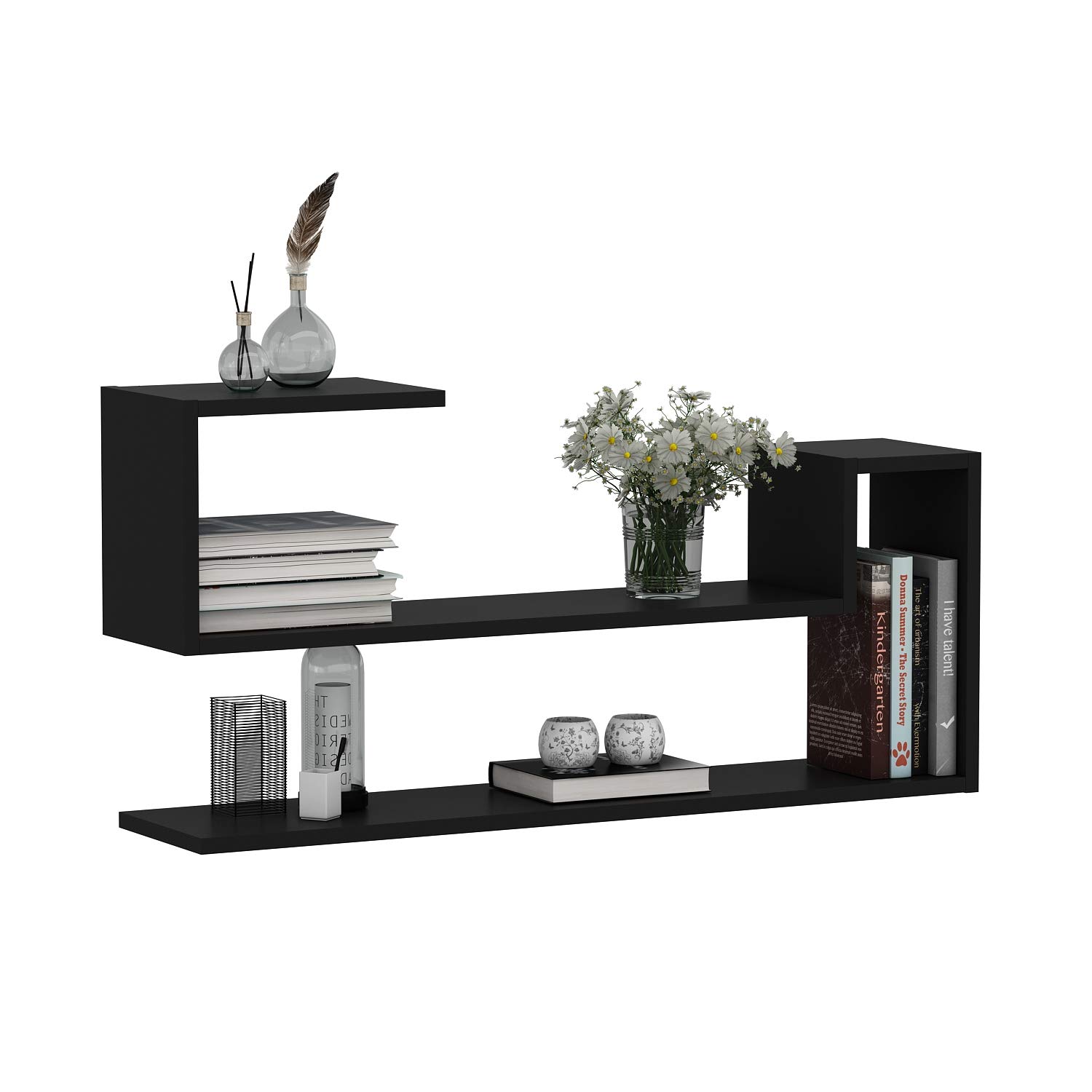 Homidea WAVE Wall Shelf - Wall Shelf - Bookshelf - Hanging Shelf for Study/Living Room in Modern Design (Black)