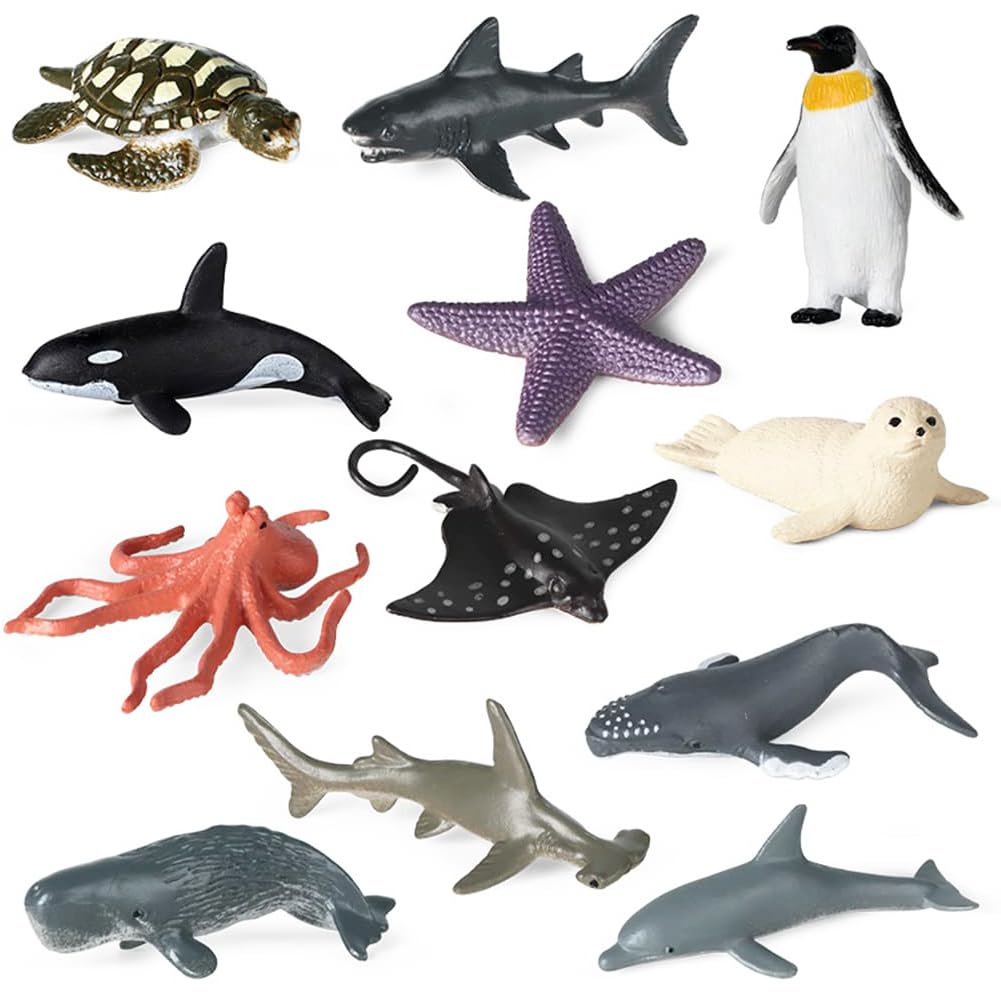 OBLRXMSea Animals Toys Set, 12 PCS Marine Animals Figurines Set, Includes orcas, octopuses, penguins, turtles and more, Science Project, Learning Educational Toys, Animal Bath Toys for Child